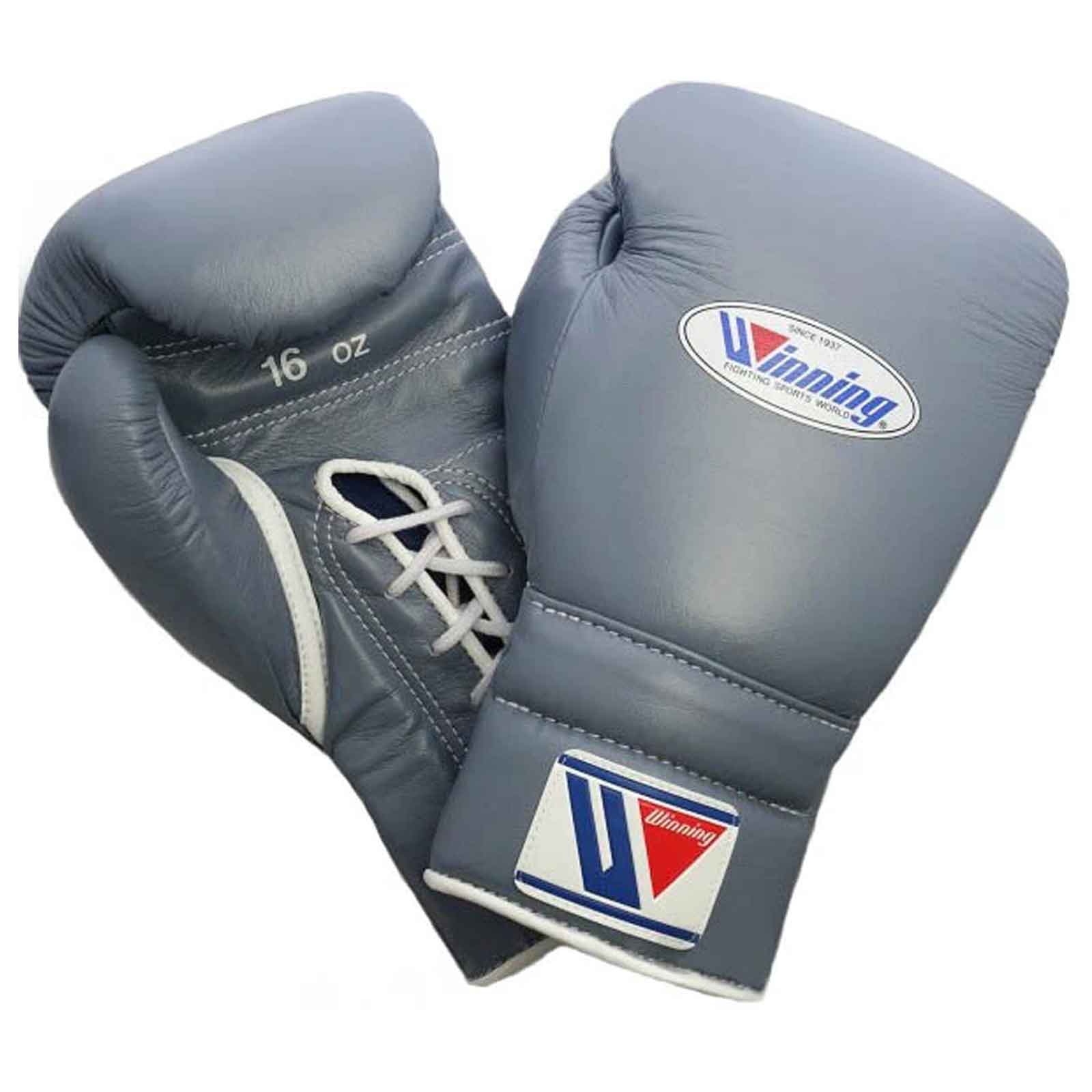 Winning Leather Boxing Gloves Gray Lace-Up – Professional Combat Gear
